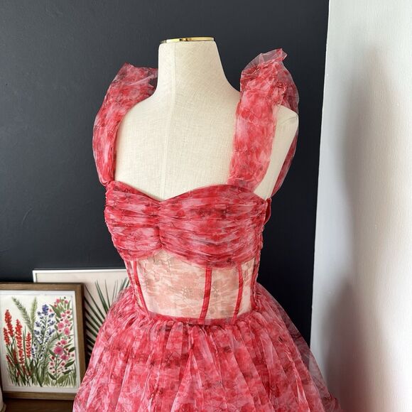 Lace and Beads ASOS Off Shoulder Tulle Corset Maxi Dress Tiered Floral - Picture 10 of 16